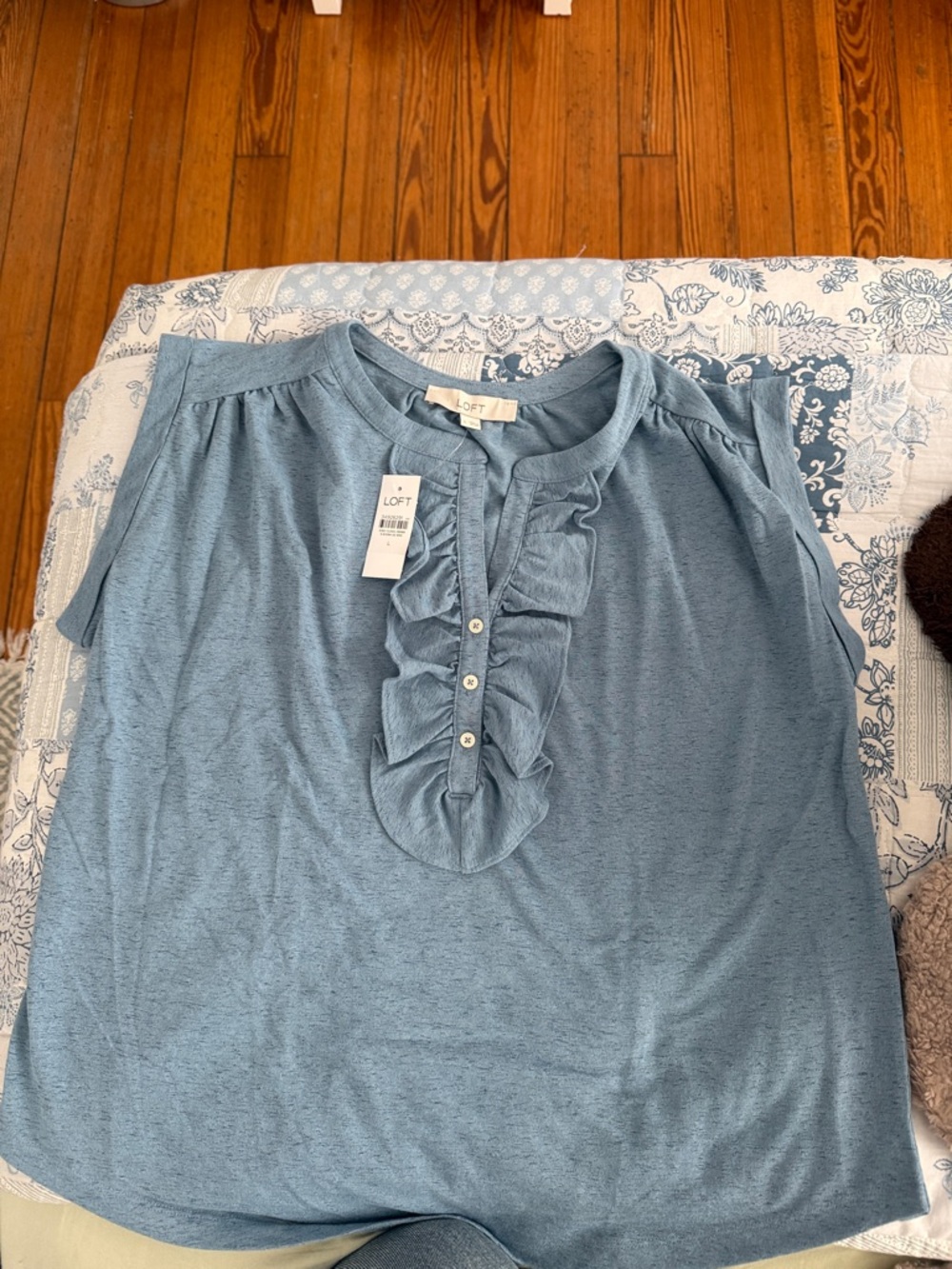 LOFT Blue Ruffle Front Short Sleeve Blouse